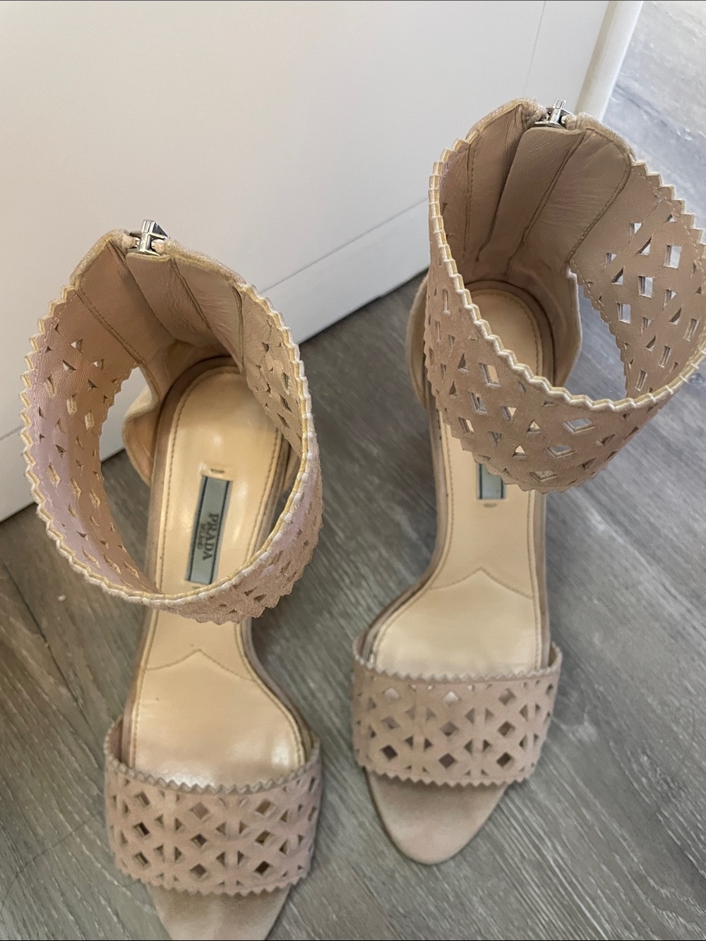 Prada heels Nude Laser-Cut Ankle Strap Stiletto Sandals